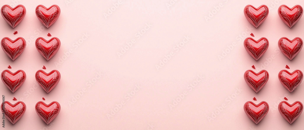 Poster a minimalist composition featuring rows of red heart-shaped designs aligned with thin lines resembli