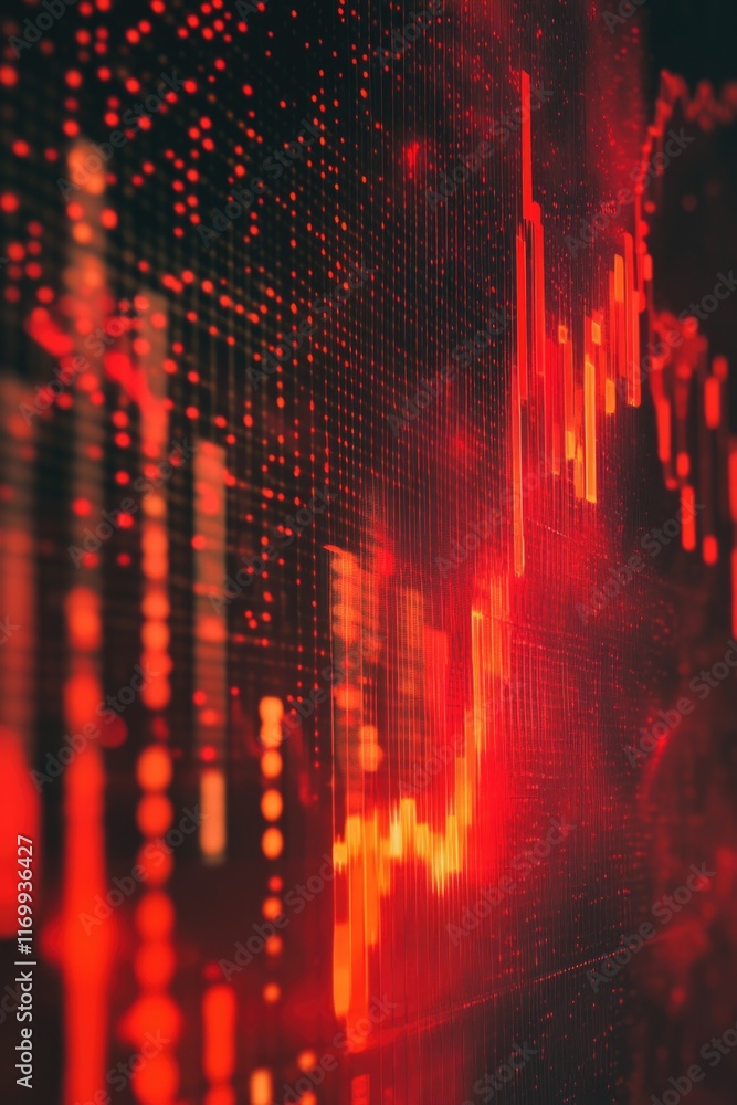 Poster red glowing stock ticker display with digital graphics and data visualization for traders, investors