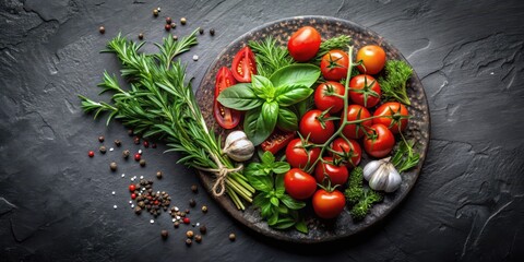 Mediterranean Herb Platter on Black Stone Table, tomatoes, herbs,  tomatoes,herbs, rustic, olive wood , kitchen