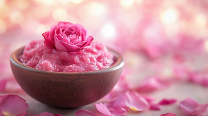 Rich Rose Extract Face Mask with Glowing Pink Light, Soft Petals in Background, and Peaceful Setting with Space for Text