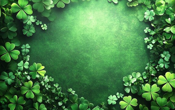 Rich green background adorned with a frame of bright shamrocks, perfect for Irishthemed celebration designs, ads, and templates