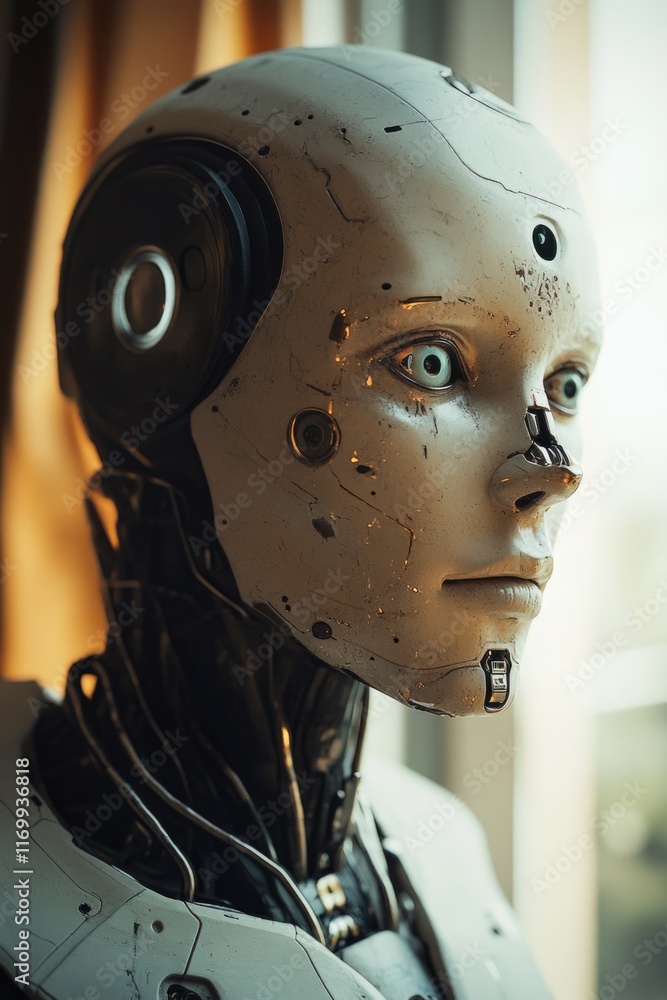 Poster this is a humanoid robot with intricate circuitry and mechanical parts, representing the intersectio