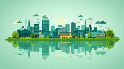 Obraz premium Green Urban Skyline with Reflections and Eco-Friendly Concept