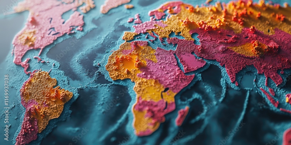 Poster colorful map of the world with a red dot in the middle. the map is made of small dots and is very de
