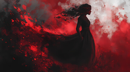 A crimson storm unfolds on a charcoal canvas, as bold brushstrokes bleed with emotion, capturing the fervor of the human experience. Sanguine. Illustration