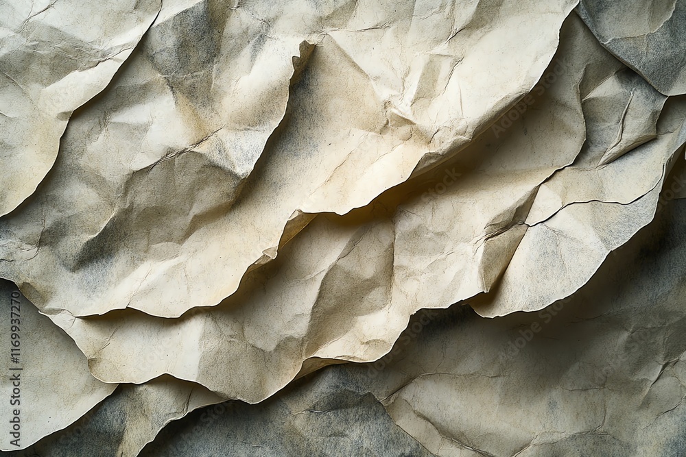 Poster close-up of a crumpled brown paper texture with a rough and uneven surface.