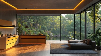 Modern interior with large windows and nature view.