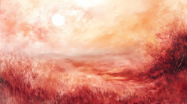 A mystical landscape in sanguine: capturing the depth and emotions of earthy tones under warm sunlight. Sanguine. Illustration