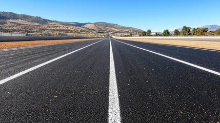 Fototapeta premium Open Asphalt Roadway with Clear Blue Sky and Mountain Background