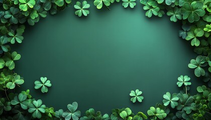 Green background surrounded by a frame of vibrant shamrocks, ideal for Irish holiday ads, banners, and celebration designs