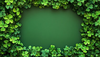 Green background surrounded by a frame of vibrant shamrocks, ideal for Irish holiday ads, banners, and celebration designs