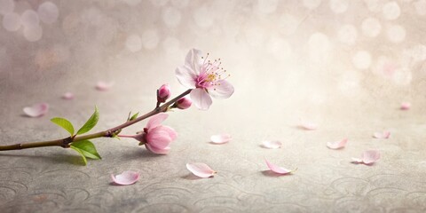 delicate petal of cherry blossom falls from stem on textured paper background, paper background, floral patterns