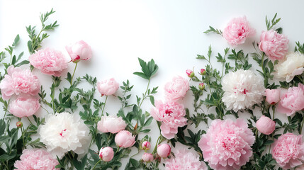 Peony extract face mask treatment surrounded by delicate pink flowers and greenery, offering a calm, serene vibe with room for text.