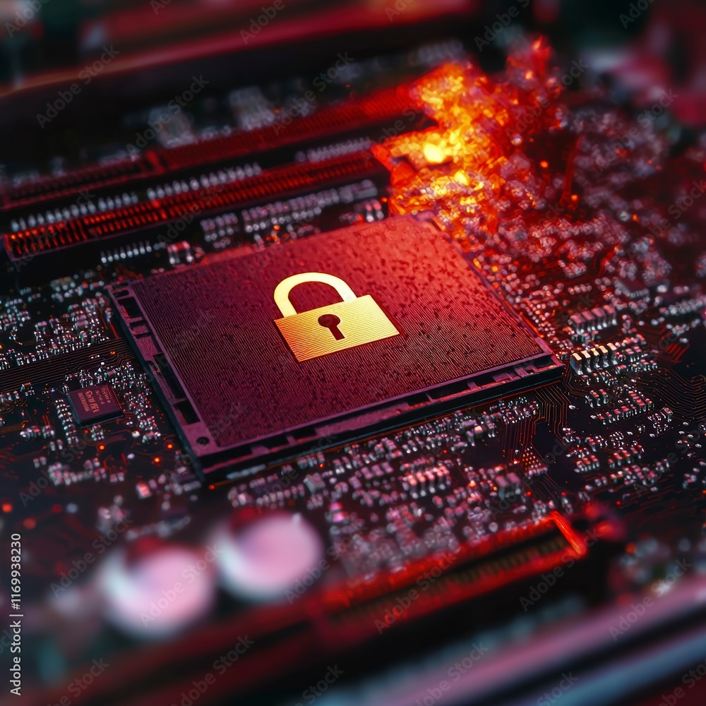 Poster Cyber Security  Data Protection  Digital Lock  CPU  Microchip  Motherboard  Network  Firew