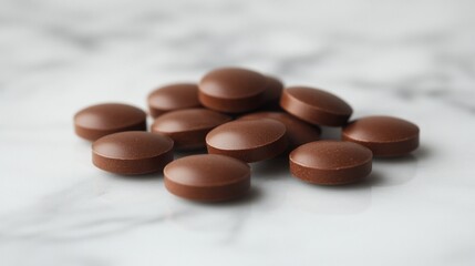 Pile of brown round pills on marble surface.