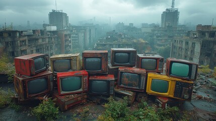 Fototapeta premium Abandoned televisions in a decaying urban landscape.