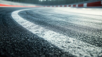 Winding Race Track with Curved Asphalt Surface and Red Barriers