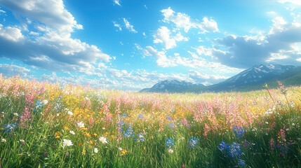 Obraz premium Scenic wildflower meadow with mountains under sunny sky.