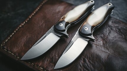 Two elegant folding knives resting on a leather surface, showcasing craftsmanship and design.
