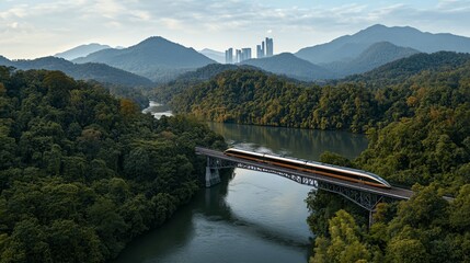 Obraz premium Modern Bullet Train Crossing Steel Bridges Over River