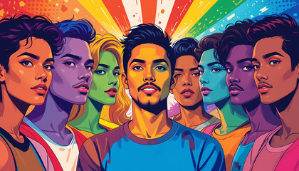 A dynamic pop art-style composition honoring the LGBT+ community, showcasing a diverse group of multicultural individuals dressed in vibrant, rainbow-inspired attire.