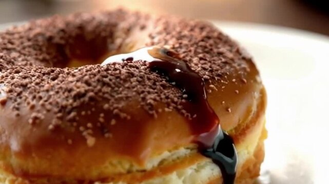 Caramel cocoa cronut with caramel glaze, cocoa powder, and warm lighting highlighting rich brown tones and indulgent texture