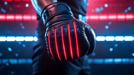 Close-up of boxer wrapping hands, sleek ad design space for class schedule, intense colors and inspiring atmosphere, strong fitness branding