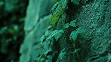 Close-up of green leaves against a textured stone wall, showcasing nature's resilience.