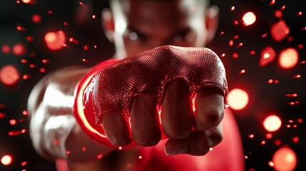 Energetic fitness ad template, close-up of athlete in a fighting stance, spacious overlay for class details, intense colors and high energy