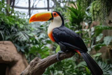 Fototapeta premium A vibrant toucan perched on a branch, showcasing its large, colorful beak amidst lush greenery. Perfect for illustrating tropical wildlife, nature documentaries, or travel brochures.