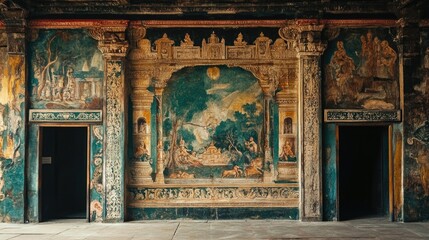 Intricate Wall Murals in Historical Indian Architecture Interior