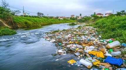 Waste Scattered Along Riverbank Under Overcast Skies
