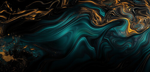 Abstract Fluid Art with Dark Green and Gold Swirls on Black Background