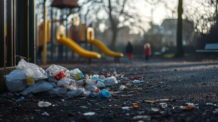 Waste Scattered Near Playground on Soft Morning Light
