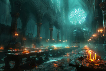 Obraz premium interior of an ancient Gothic cathedral, illuminated by the soft light of many candles. 