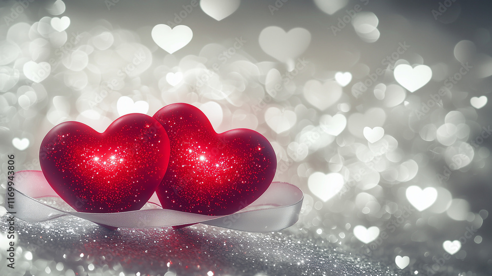 Poster two vibrant red hearts linked with a stylish red ribbon, placed on a smooth silver background with g