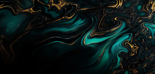 Abstract Fluid Art with Dark Green and Gold Swirls on Black Background