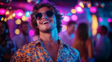 A charismatic man enjoying the energy of a dance party, his vibrant shirt and sunglasses shining under colorful disco lights.