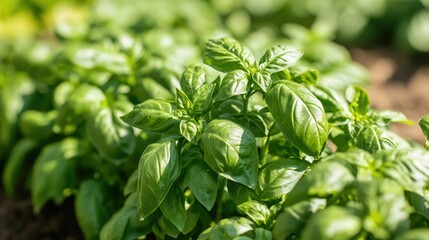 Fresh Green Basil Leaves in Sunlit Garden Bed for Culinary Use