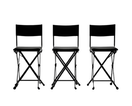 Three stylish black folding chairs.