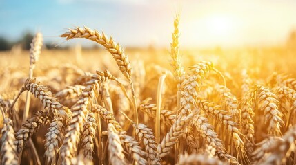 Fototapeta premium Golden Wheat Field Under Bright Sunlight at Sunrise or Sunset