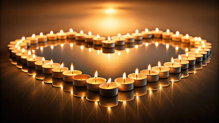 Obraz premium A heart shape formed by lit candles reflected on a glossy surface. A symbol of love, hope and remembrance. Perfect for Valentine's Day, weddings or memorials