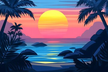 Serene Sunset Over Tropical Beach with Silhouettes of Palms and Rocks, Capturing Tranquility and...