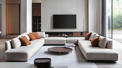 Modular corner sofa against a TV in a minimalist living room.