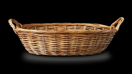 Obraz premium Oval wicker basket with handles, isolated on black background.