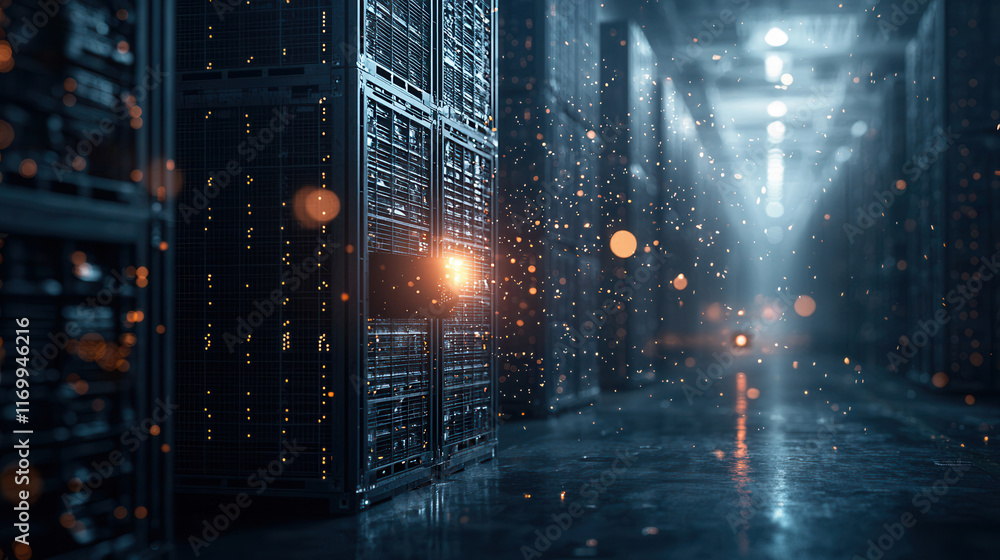 Poster digital delivery tracking interface showcasing advanced technology in server room, illuminated by so