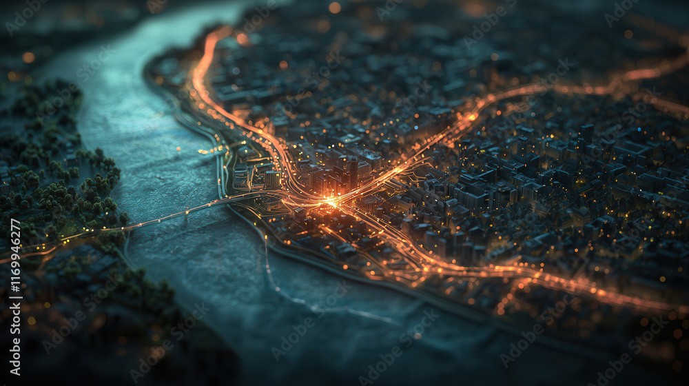 Poster digital map showcasing illuminated delivery network routes in city. glowing pathways create vibrant 