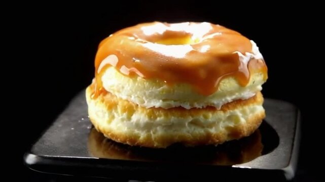 Golden caramel cronut with caramel glaze, set on a black pedestal, featuring a glossy surface and luxurious warm caramel shimmer