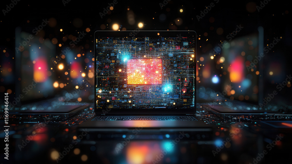 Poster futuristic digital interface on laptop with vibrant data visualization