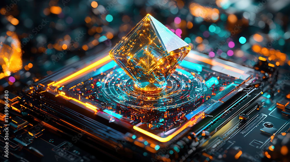 Poster futuristic digital platform with glowing cube and circuit patterns, showcasing advanced technology a